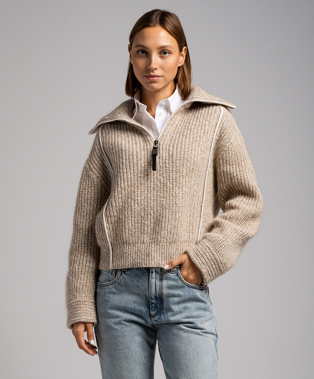 Brunello Cucinelli Бежевый свитер с акцентными швами и люрексом MGL516404 изображение 3