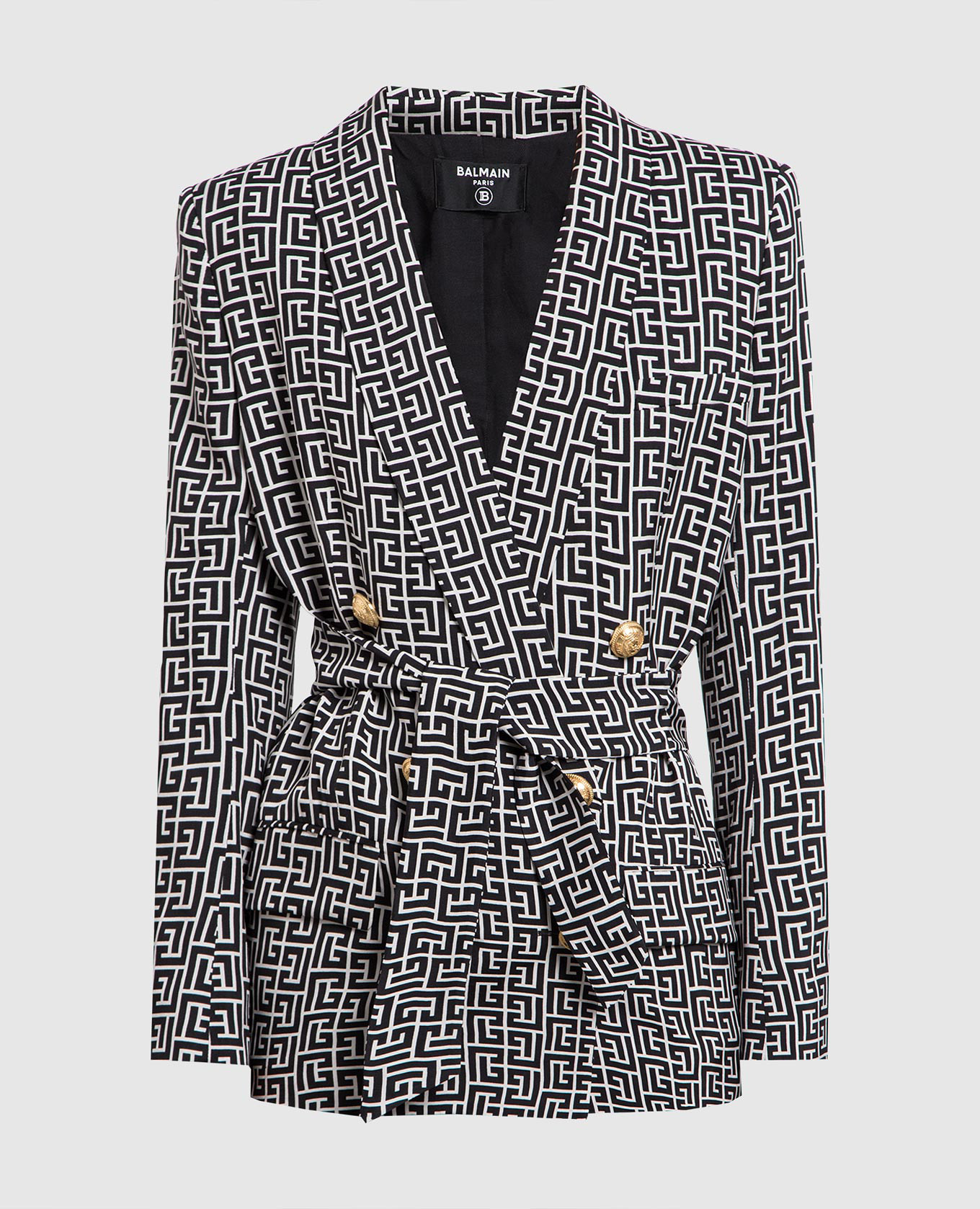 Balmain Monogram-print Double-breasted Trench Coat In White/black