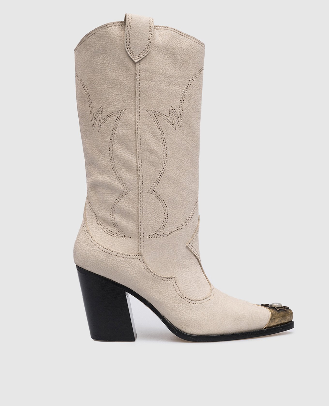 Beige leather boots with metallic trim