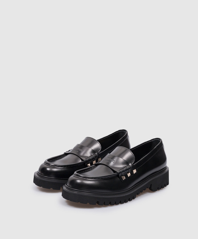 Valentino Rockstud logo embossed leather loafers in black 3W0S0HW9AWE image 2