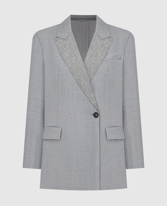 Gray double-breasted wool jacket with monil chain