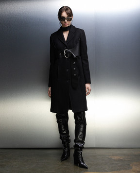 Off-White Черное пальто с кожаной кокеткой OWER024F23FAB001