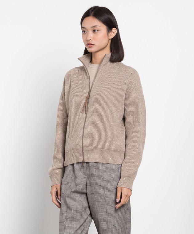 Brunello Cucinelli Темно-бежевый кардиган в рубчик с пайетками и люрексом MBM755906P изображение 3