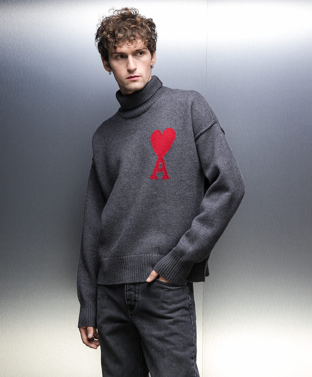 Ami Paris Серый свитер из шерсти с логотипом BFUKS406018 изображение 3