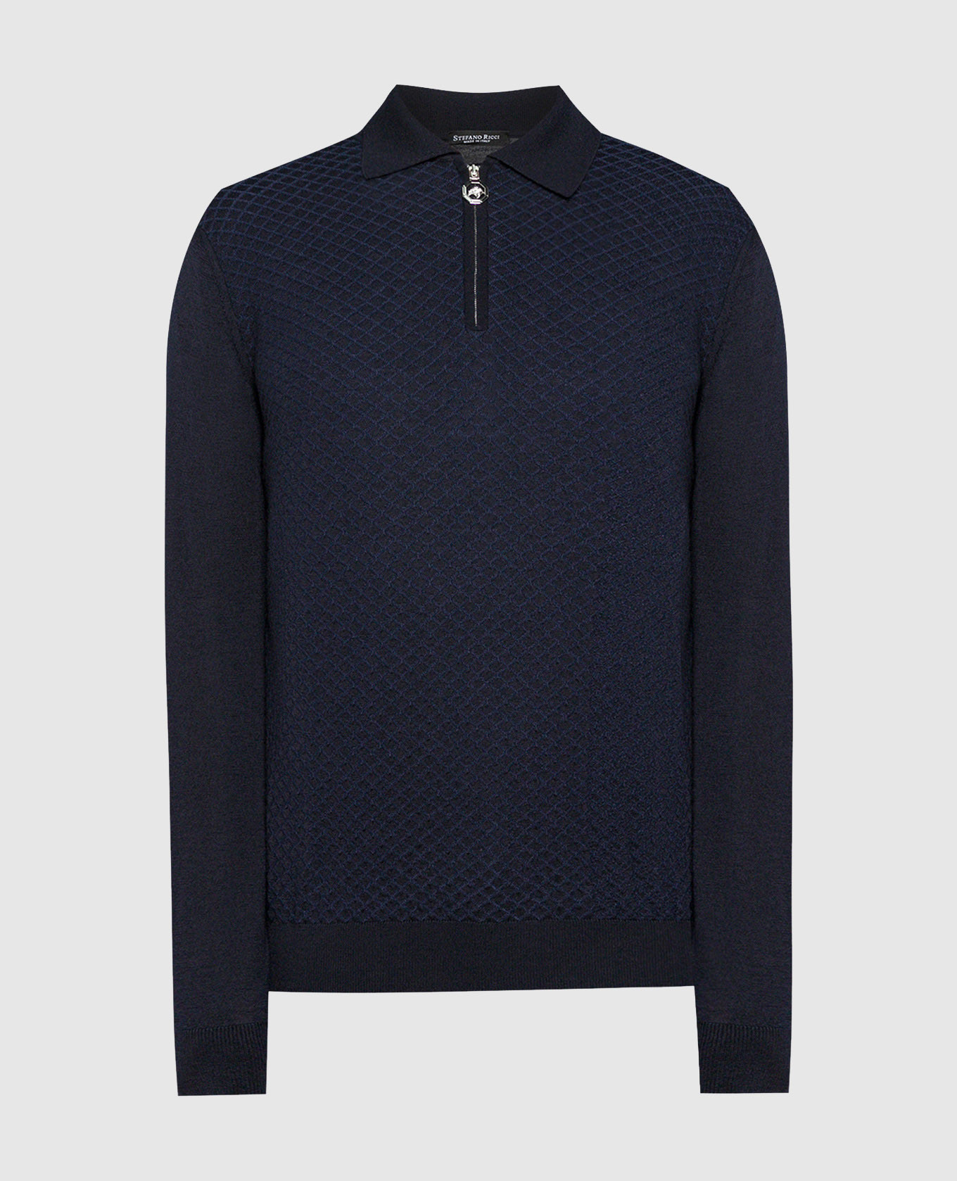 Blue cashmere and silk polo with a geometric pattern