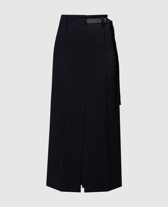 Black straight midi skirt made of striped wool