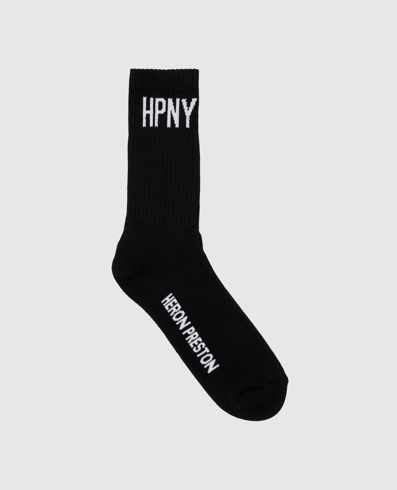 Black socks with a logo pattern