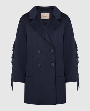 Twinset Голубое двубортное пальто с шерстью с бахромой 241TP2013