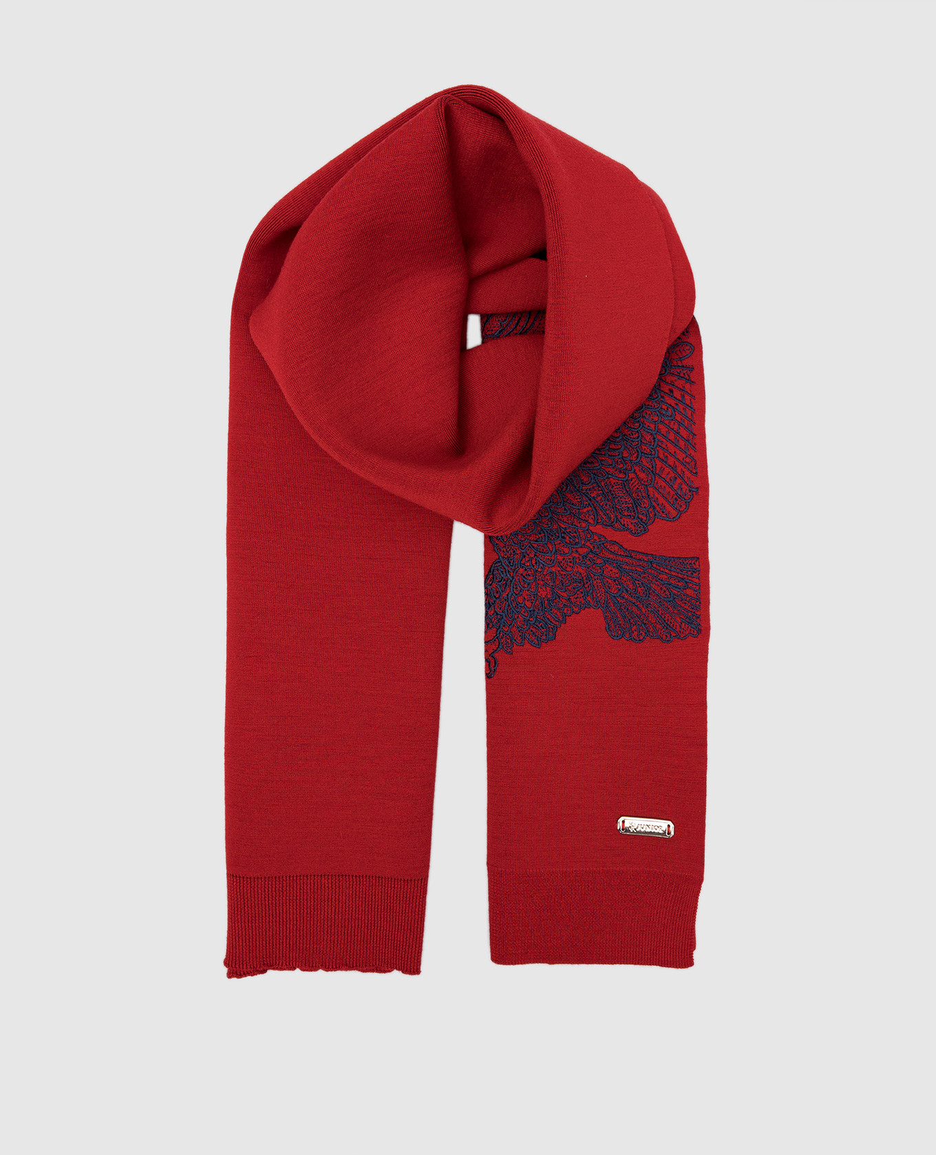 Children's red woolen scarf with logo embroidery