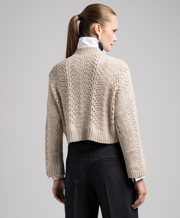 Brunello Cucinelli Бежевый ажурный свитер с пайетками MPT361500 изображение 4