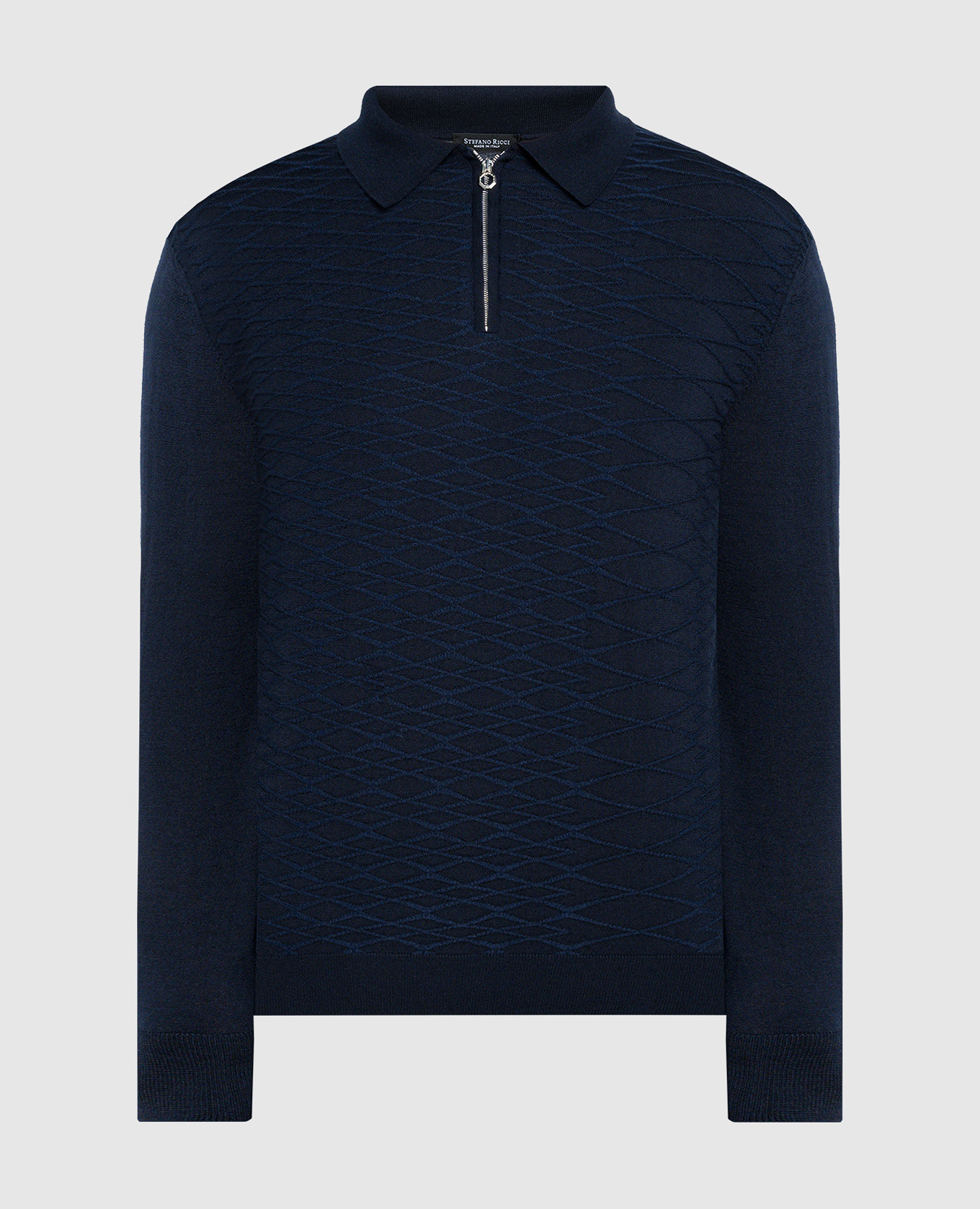Blue cashmere and silk polo with a textured logo pattern