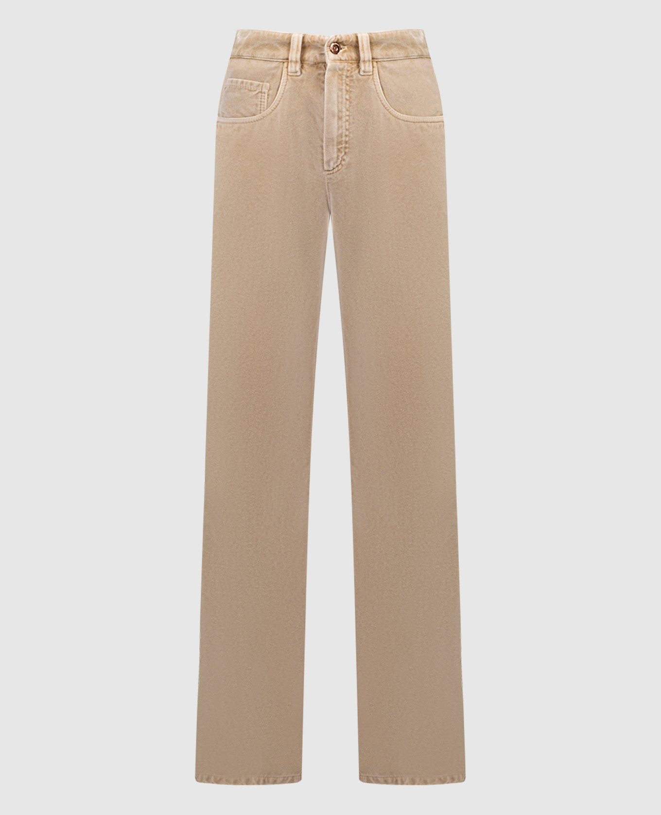Beige velvet trousers with monil chain and logo patch