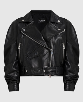 Dondup Black leather jacket with drapery DJ547PL0396DXXX