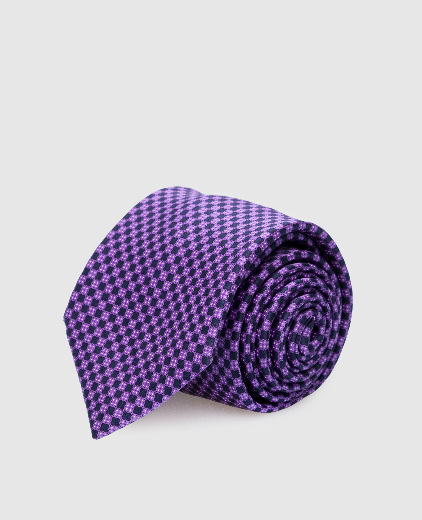 Children's purple silk tie and pache scarf set in geometric pattern