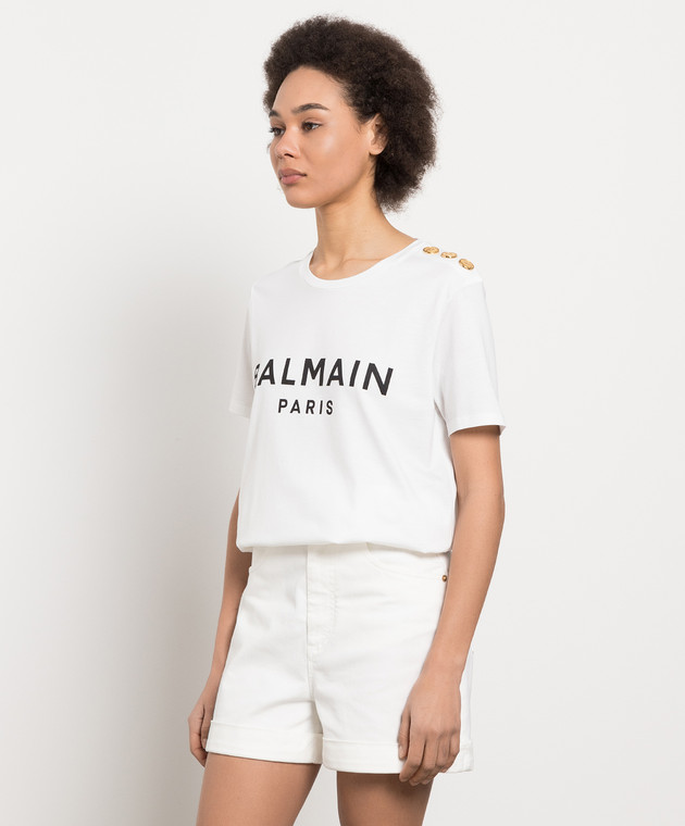 Balmain - Белая футболка с контрастным принтом логотипа AF0EF005BB02 ...