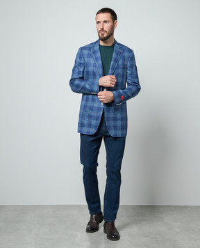 ISAIA Синий блейзер в клетку из шерсти, шелка и льна. 521GSI9099N