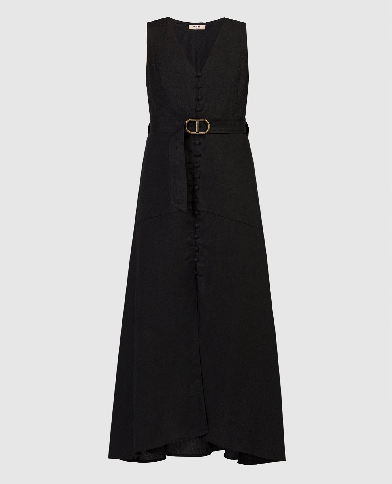 Black linen dress with belt