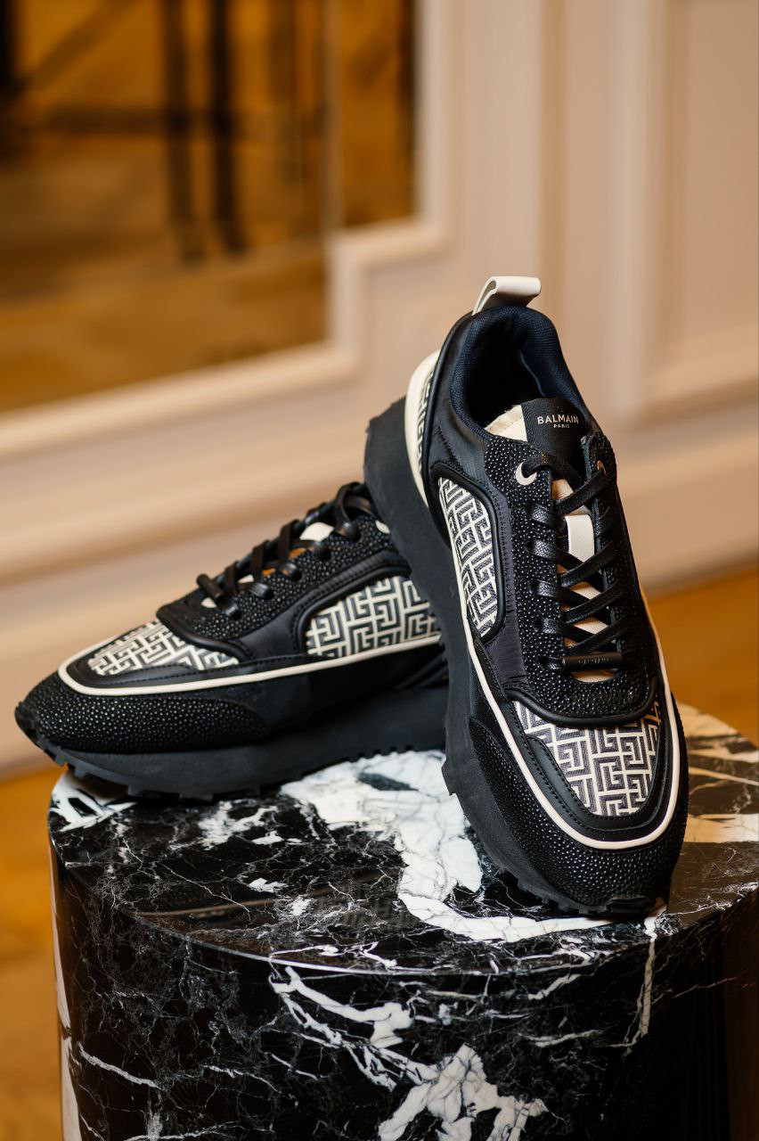 Balmain Черные комбинированные кроссовки Racer с монограммой BM1VI305TCXN изображение 6