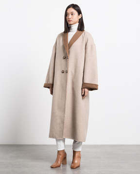 Be Florence Бежевое двубортное пальто из шерсти BE228410400
