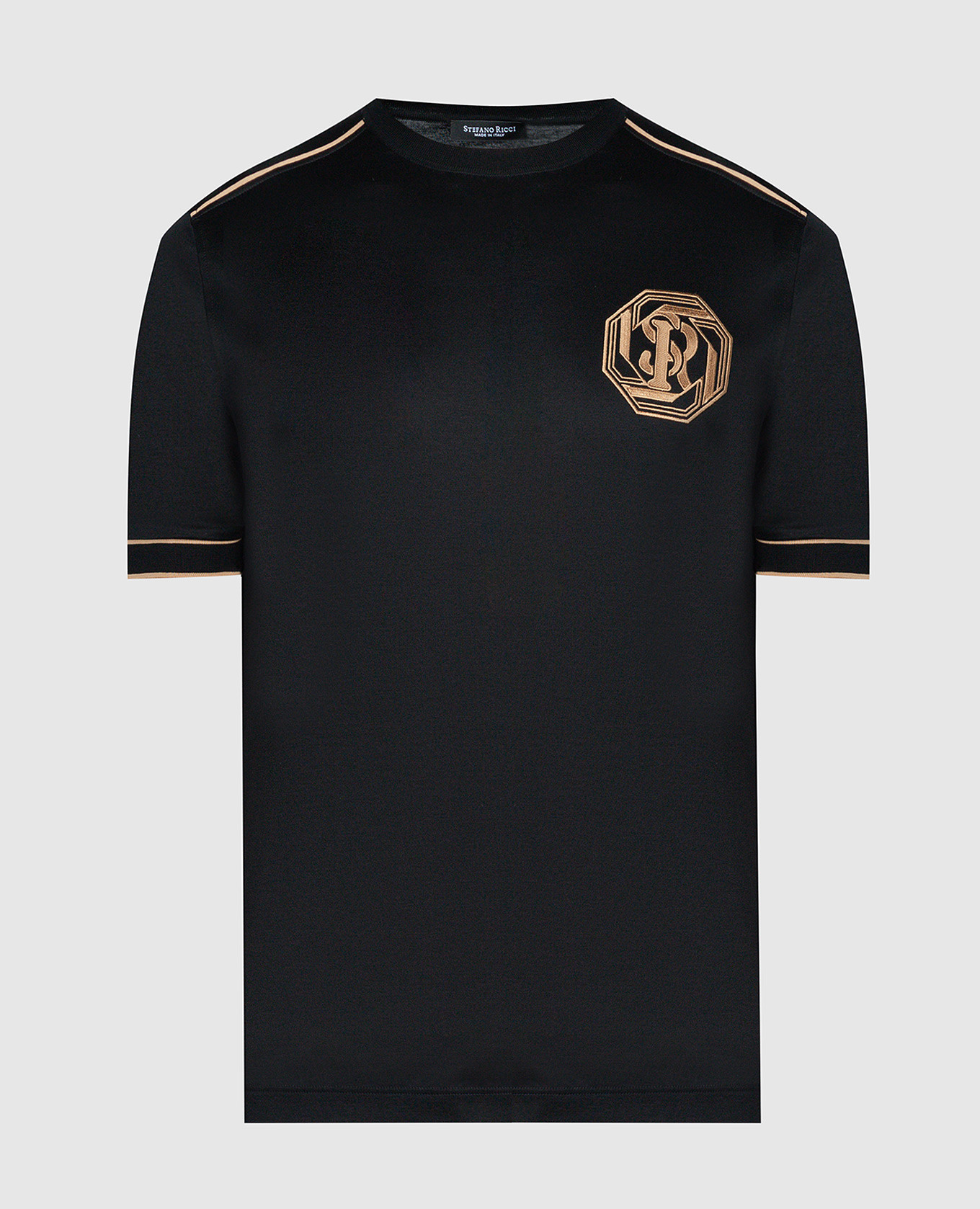 Schwarzes T-Shirt mit aufgesticktem Monogramm-Logo
