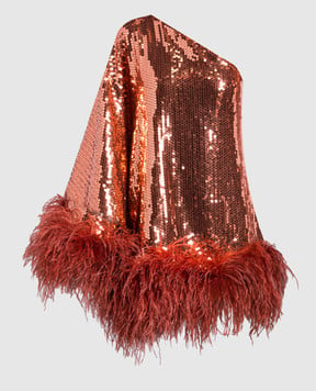 Taller Marmo Коричнева сукня міні зі страусиним пір'ям та паєтками PF2314