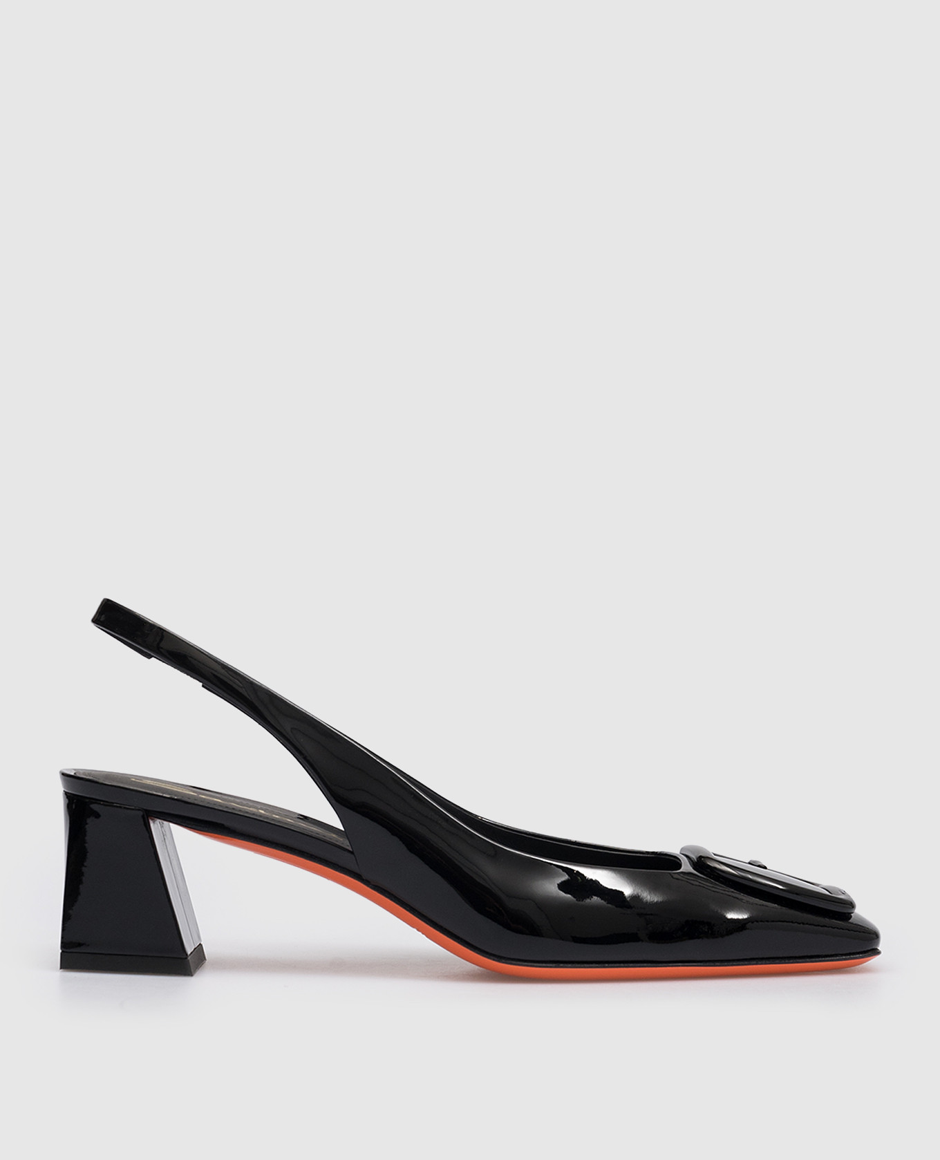 Black patent leather slingbacks with a buckle