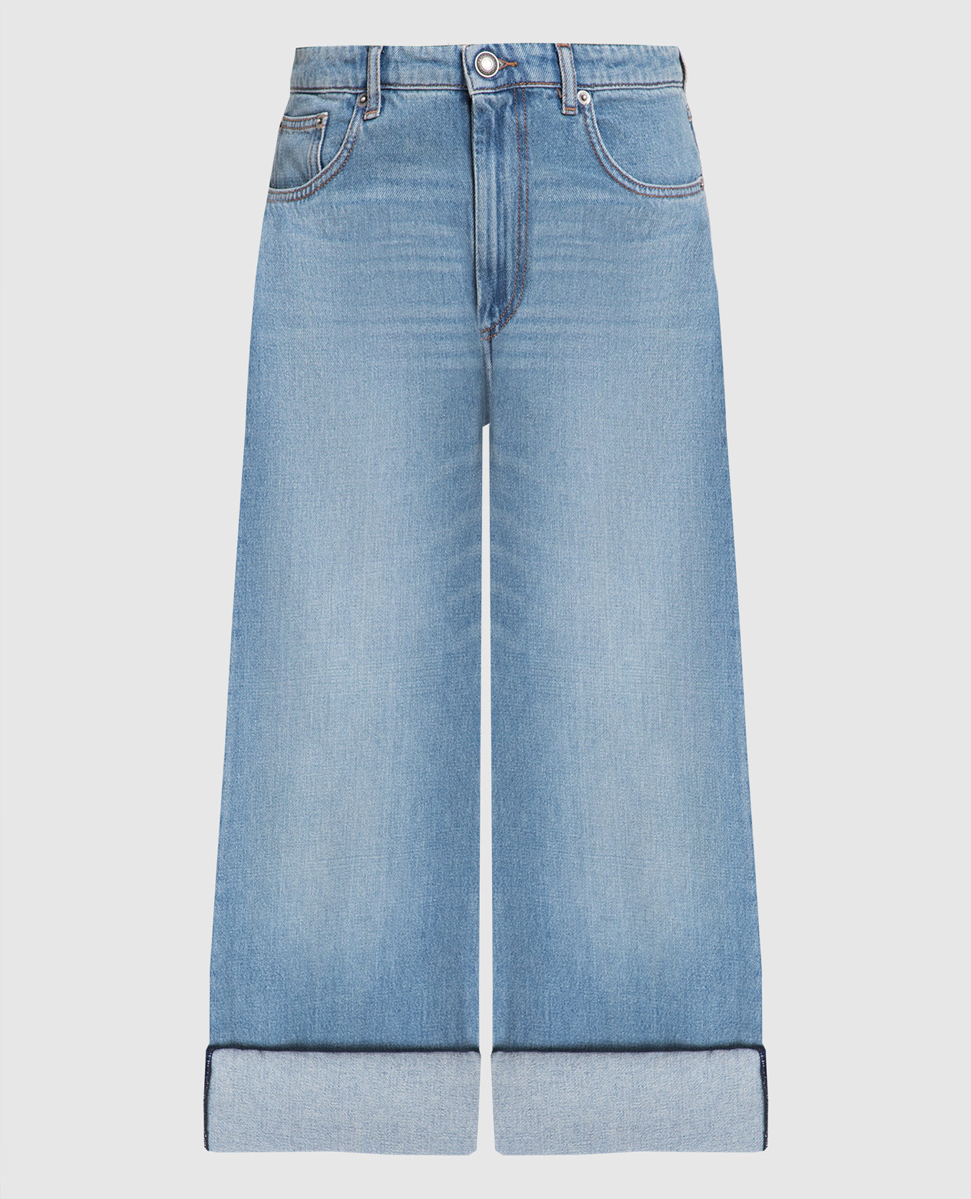 Голубые джинсы-кюлоты с эффектом потертости