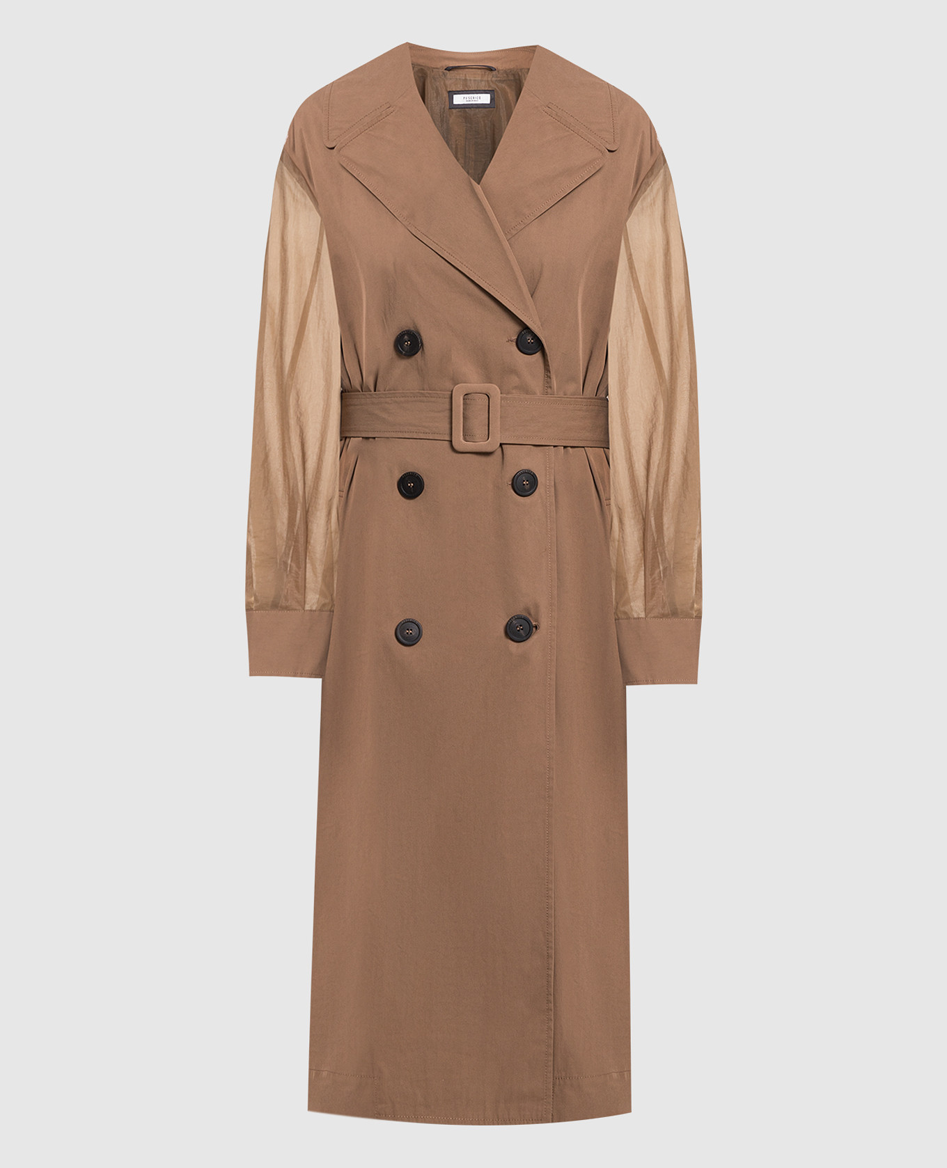 Brown double-breasted trench coat with monil chain