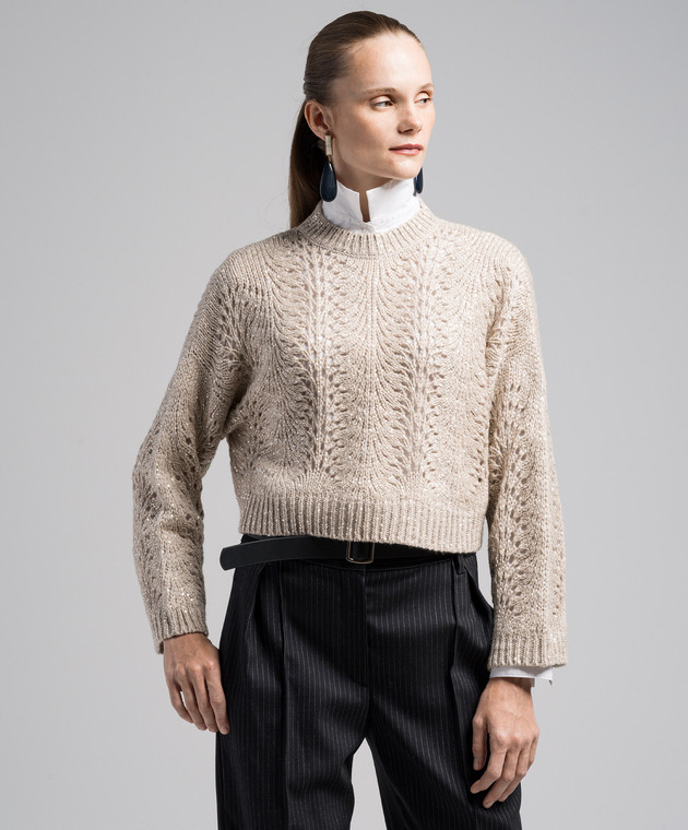 Brunello Cucinelli Бежевый ажурный свитер с пайетками MPT361500 изображение 3