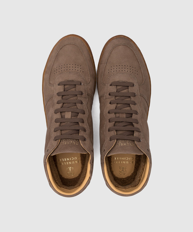Brunello Cucinelli Кожаные коричневые сникеры с мехом MZUMSMW273 изображение 4