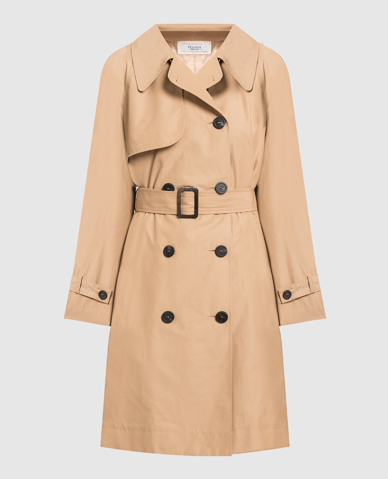 Peserico - Brown double-breasted trench coat with monil chain ...