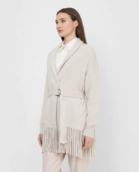 Brunello Cucinelli Сірий кардиган із кашеміру з бахромою M12711916