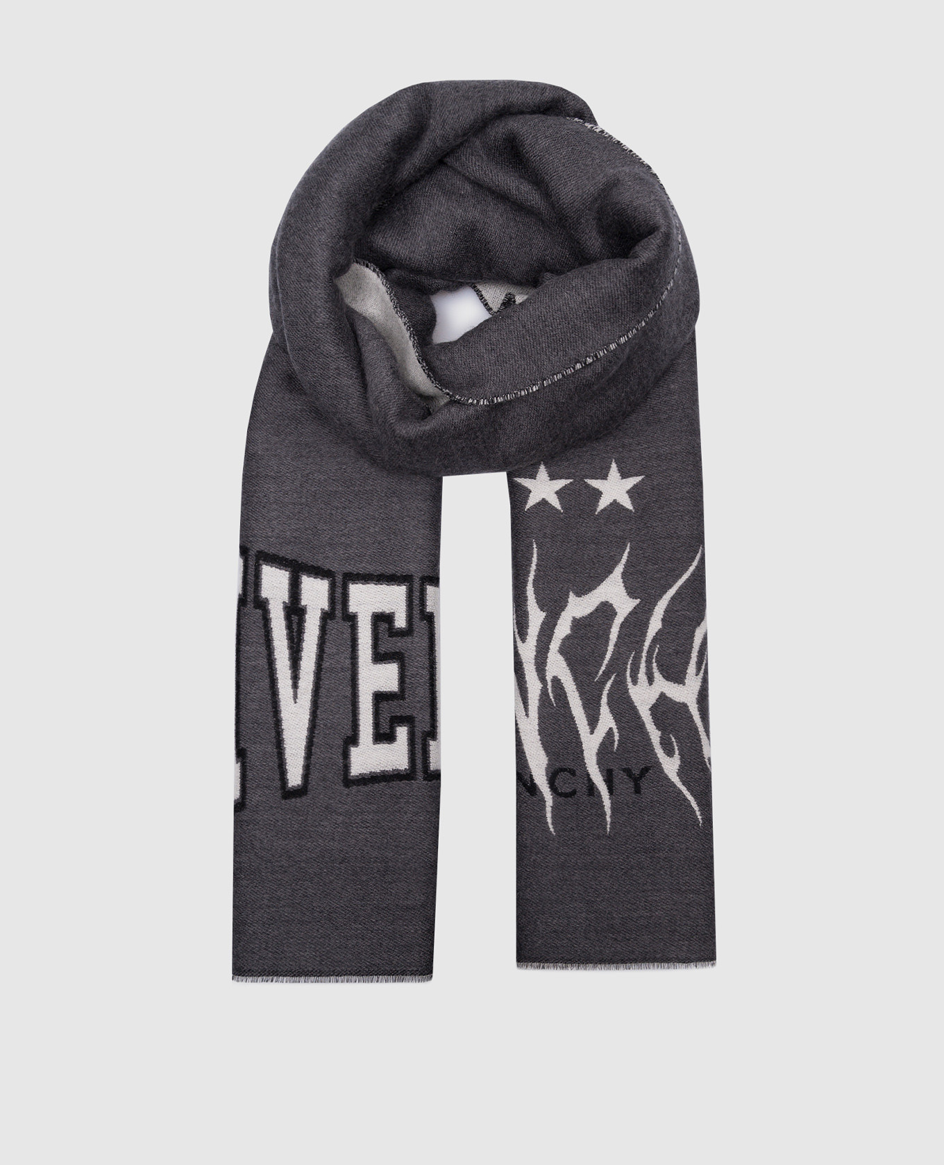 Серый шарф из шерсти и шелка с логотипом.