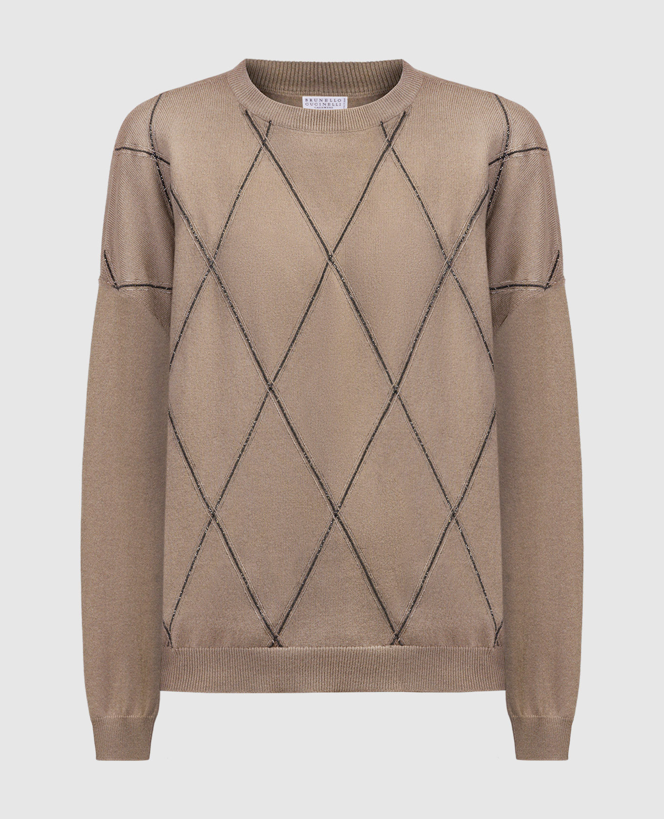 Brown wool, cashmere and silk geometric pattern jumper with monil chain