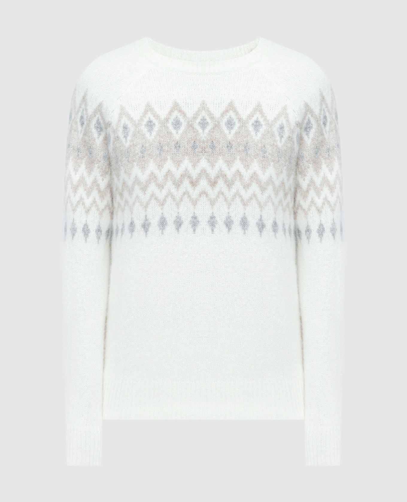 White sweater with a geometric pattern