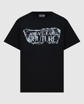 Versace Jeans Couture Черная футболка с принтом логотипа Magazine 76GAHE03CJ00E