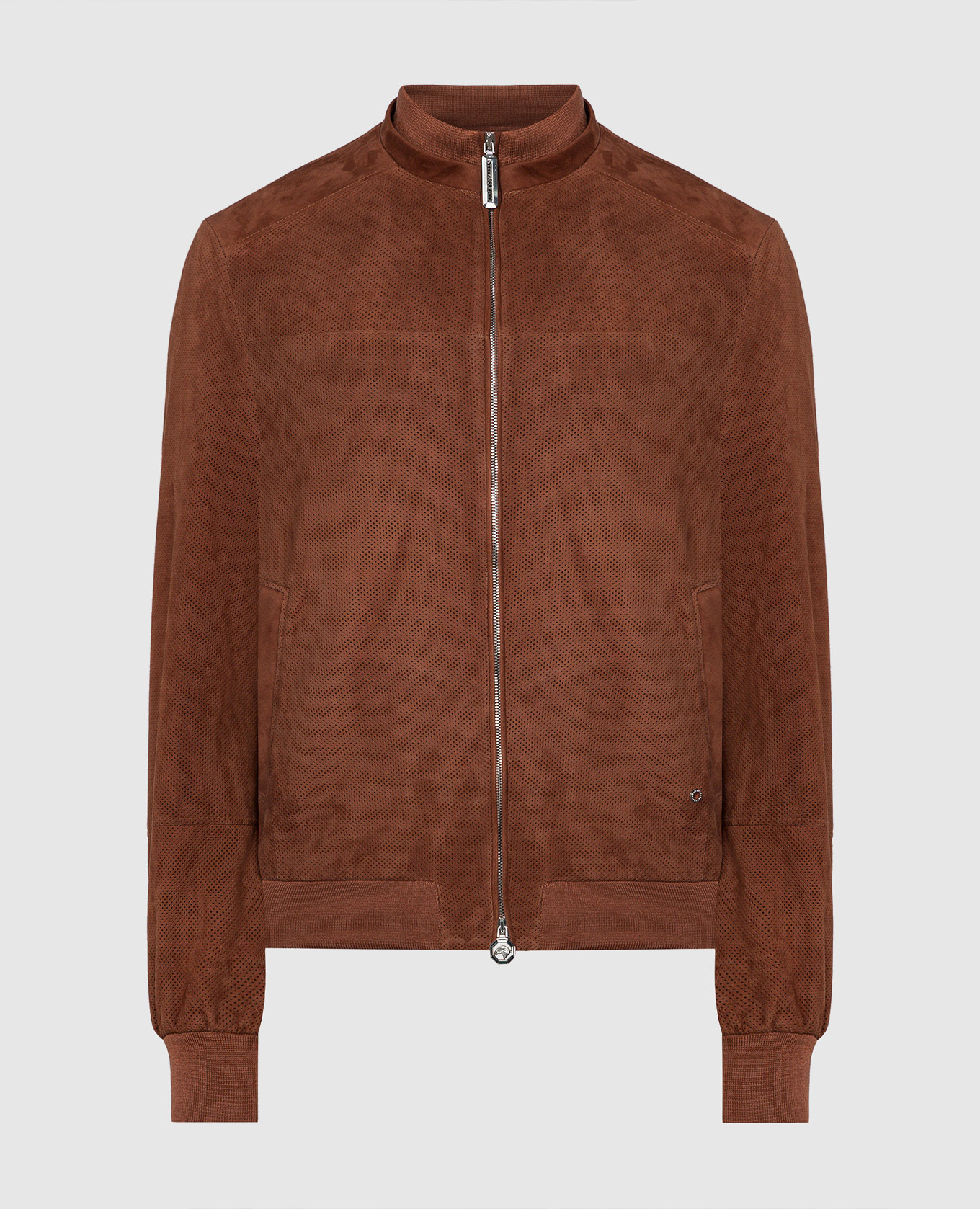 Brown leather jacket with metal logo perforation