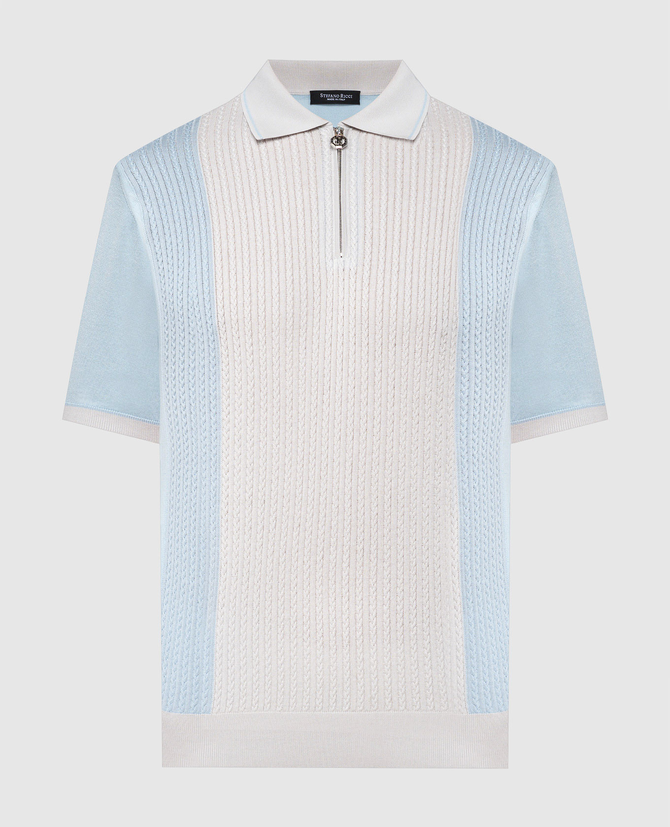 Blue polo shirt with silk with a textured pattern