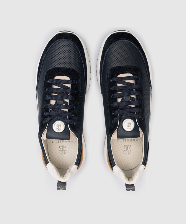 Brunello Cucinelli Синие кожаные кроссовки с логотипом MZUFSSO278 изображение 4