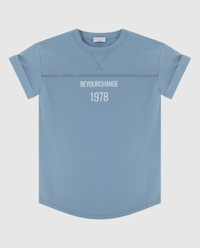 Brunello Cucinelli Дитяча світло-синя футболка з принтом та ланцюжками BH827T259B