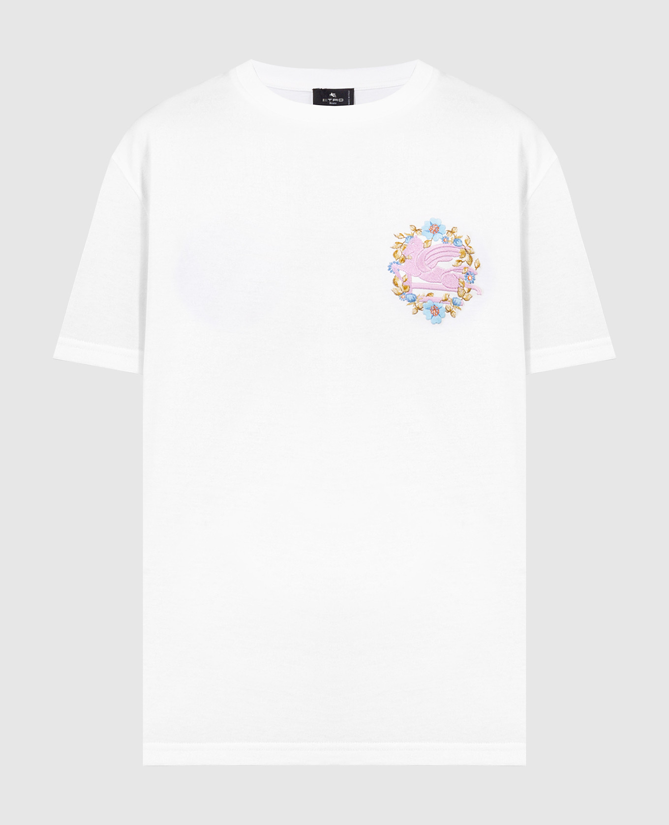 White t-shirt with embroidered Pegaso logo emblem