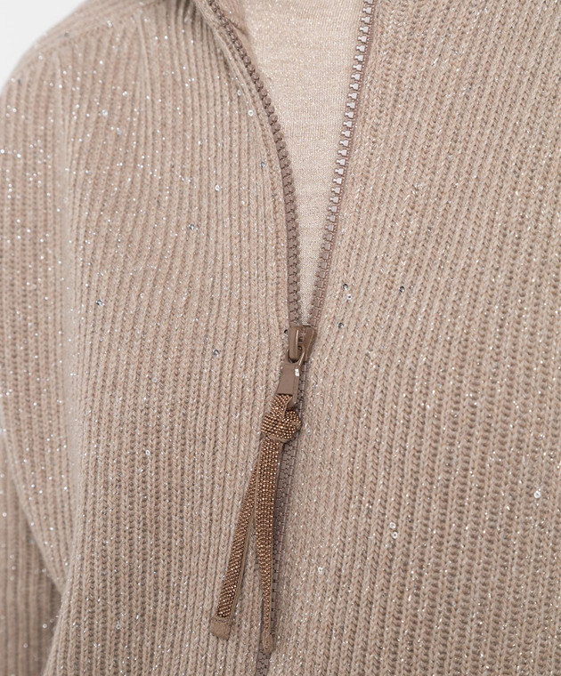 Brunello Cucinelli Темно-бежевый кардиган в рубчик с пайетками и люрексом MBM755906P изображение 5