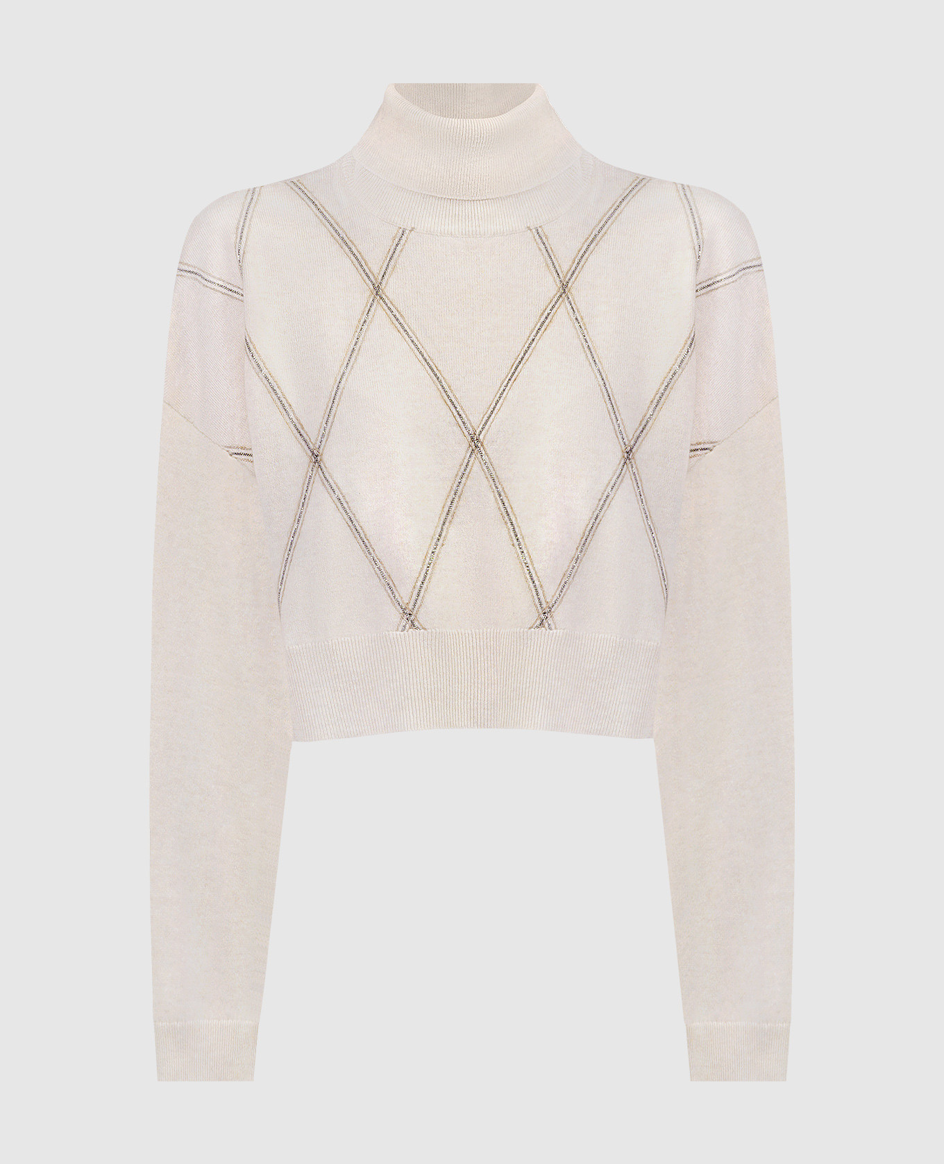 Beige sweater in a geometric pattern with a monil chain made of ekolatuny