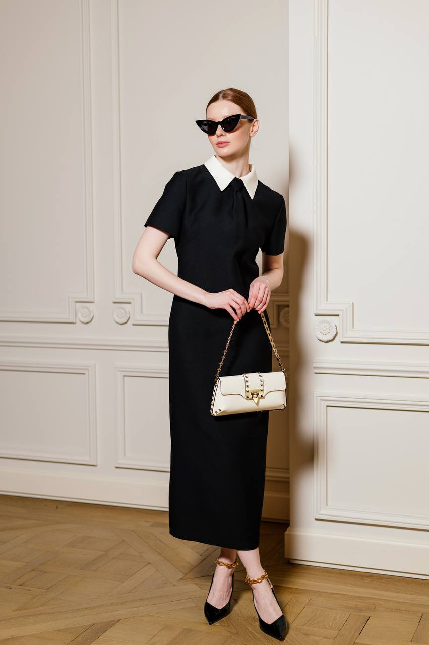 Valentino Черное платье из шерсти и шелка с воротником рубашки 3B0VA6B01CF изображение 6