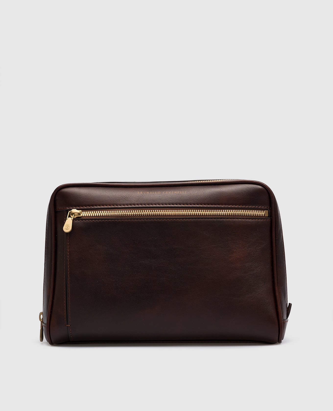 Brown leather toiletry bag with embossed logo
