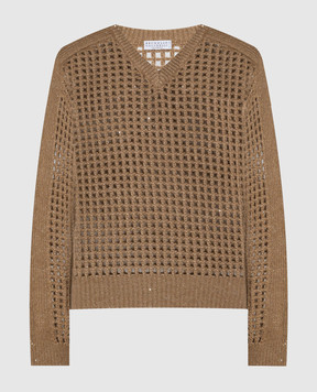Brunello Cucinelli Коричневый ажурный пуловер с люрексом MGP557502P