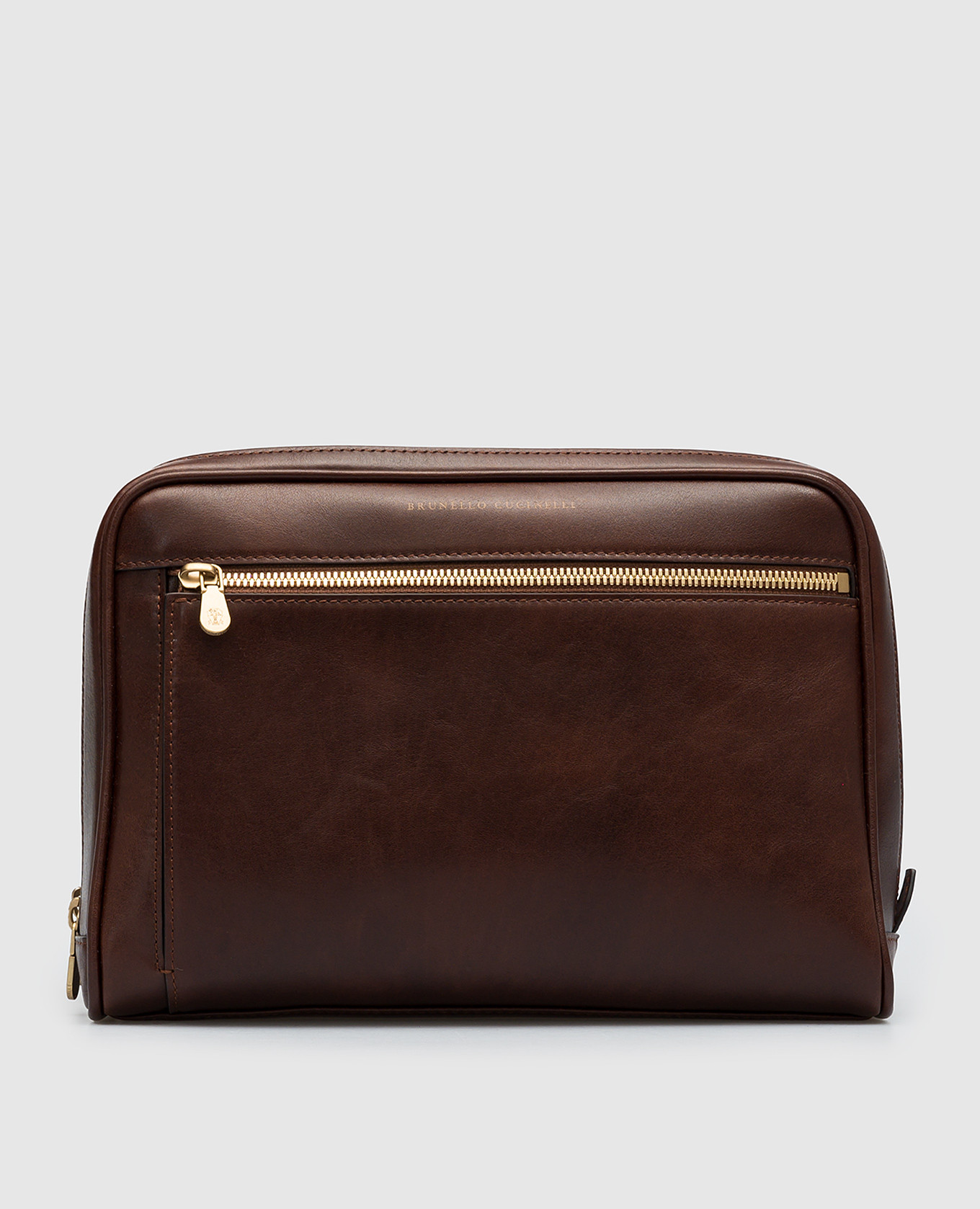 Brown leather toiletry bag with logo