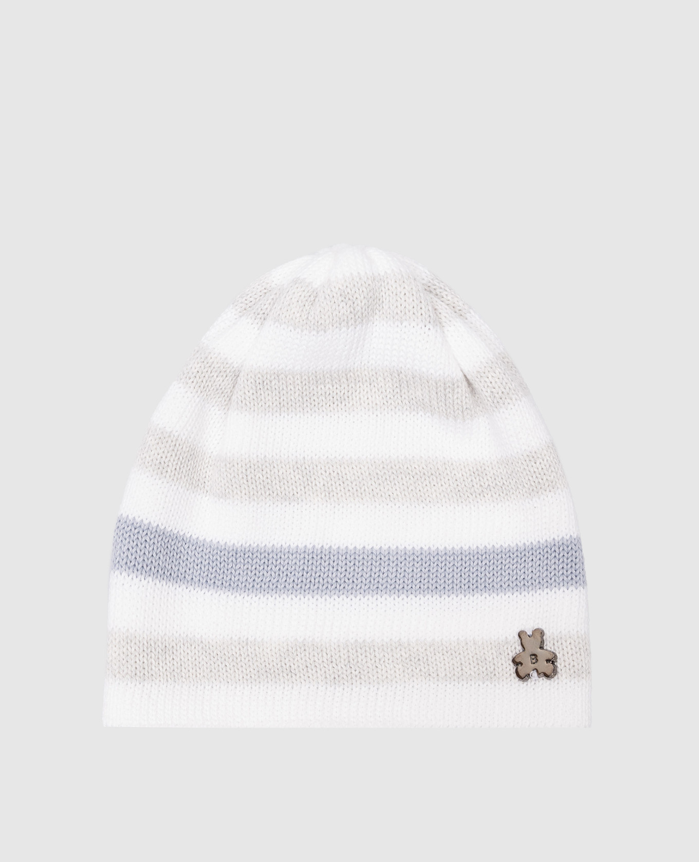 Children's white striped hat with a metal element