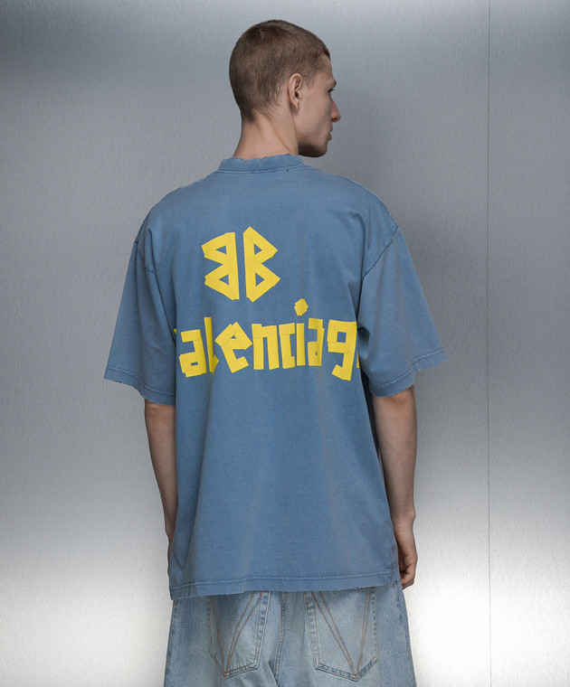 Balenciaga Голубая футболка с винтажным эффектом с логотипом Tape Type 739784TOVA9 изображение 4