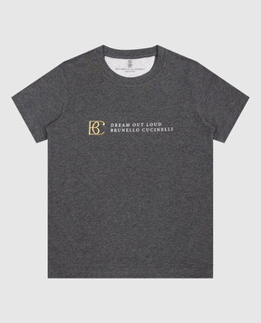 Brunello Cucinelli Дитяча сіра меланжева футболка з принтом B0T61T118B